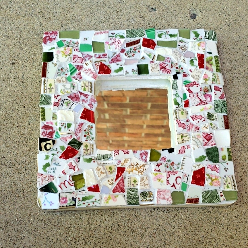 Hand Crafted Mosaic Tile Wall Mirror - Multicolor, Greens,reds, And Whites